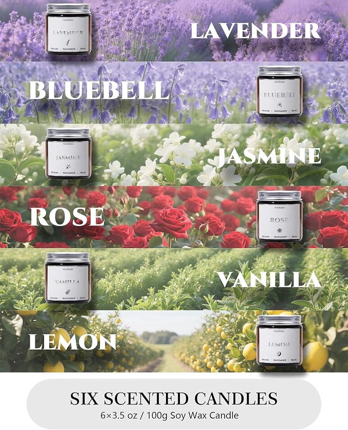 6 Pack Non-Toxic Soy Wax Scented Candles Gift Set, 21oz 120H Long Burn Time, Amber Jar Candles, Gift for Women Unique, Christmas Birthday Self Care Relaxation Spa Aromatherapy Gifts