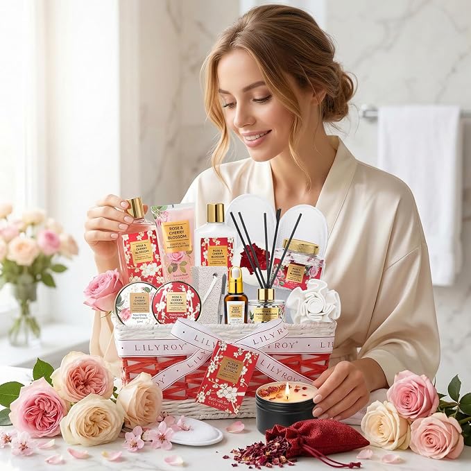 17Pcs Spa Gifts Bath Skin Care Set Relaxing Rose Spa Gift Baskets for Women