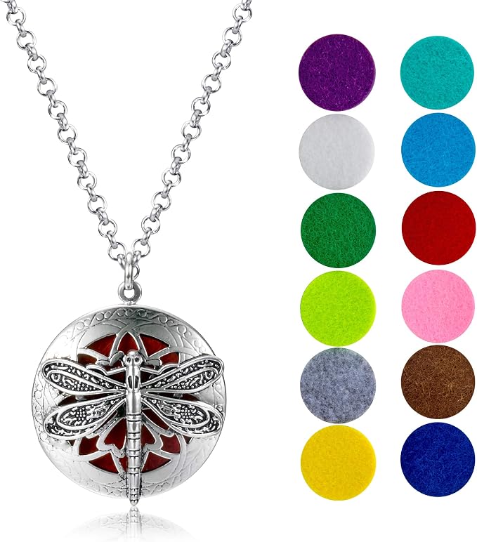 Wild Essentials Dragonfly Essential Oil Diffuser Nickel Free Alloy Locket Pendant with 24 inch Chain, 12 Color Refill Pads, Customizable Color Changing Perfume Jewelry for Aromatherapy