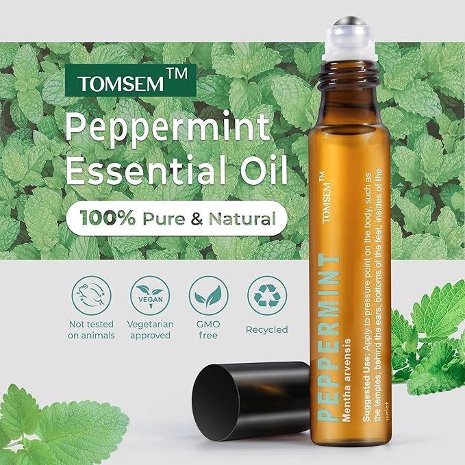 Peppermint Essential Oil Roll On, Mint Aromatherapy Rollerball, Cooling & Refreshing Scent for Travel, Focus, Relaxation, Easy-Apply Essential Oil Roller, 10ml/0.33 Fl Oz