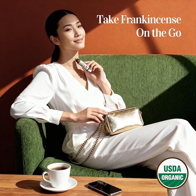 Frankincense Essential Oil Roll On for Calm Anxiety Stress Grounding - 100% Pure USDA Organic MCT Coconut Oil - Soothing Earthy Aroma Anti Aging Skin Care Wellness - Gemstone Roller 10ml Travel Size
