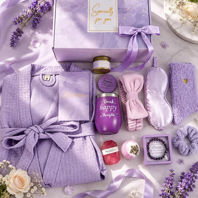 gisgfim 14Pcs Birthday Gifts for Women Spa Gift Basket Set Relaxing Home Products Self Care Kit Includes Mirror Socks Steamers Bath Robe for Women Mother's Day Her Friend Sister Wife Grandma (Purple)