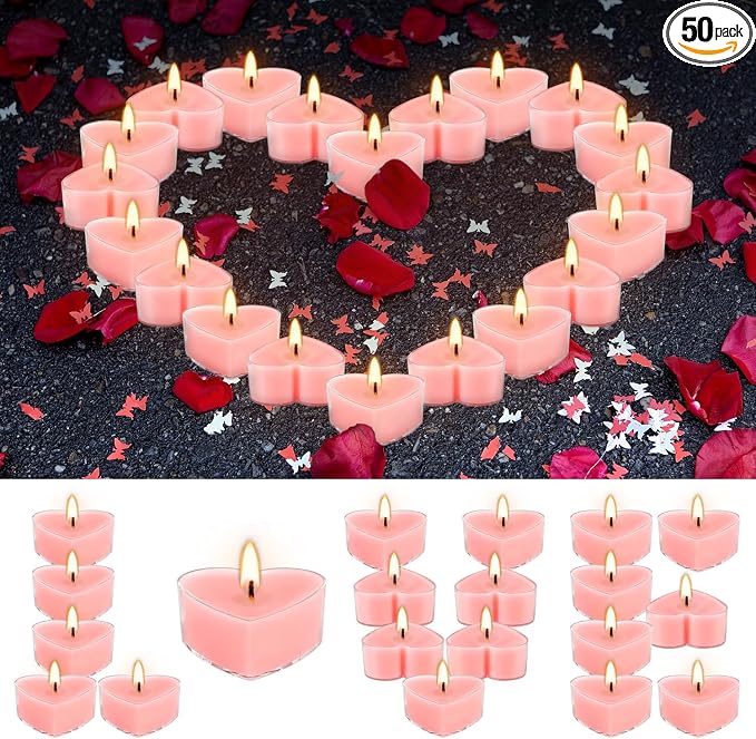 50-Pack Pink Heart Tea Wax (4-Hour Burn) - Rose-Scented Candles for Valentine's Day, Anniversaries, Weeding,Pool Parties & Romantic Decor & Special Occasions.