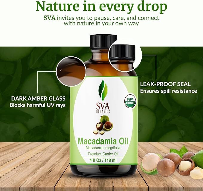 SVA Macadamia Seed Oil Organic - 4 Fl Oz – 100% Natural Cold Pressed Organic Macadamia Oil - for Face, Skin Care, Hair Care, Scalp Massage & Body Massage – Carrier Oil with Dropper