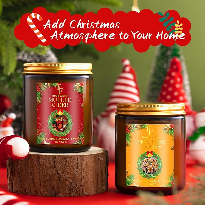 Christmas Candles Set, Scented Candles for Home, 4 Pack Holiday Natural Soy Candles, Christmas Gifts for Women Men, Festival Fragrance of Balsam Cedar/Cookies/Mulled Cider/Cinnamon
