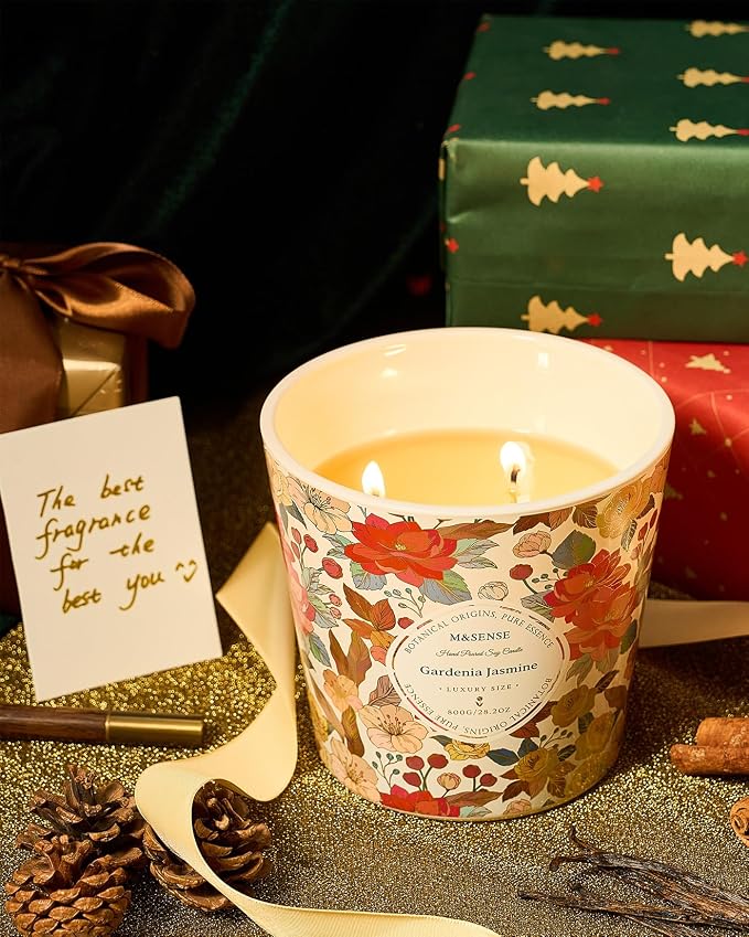M&SENSE Gardenia Jasmine Scented Candle, 28.2oz 3 Wick Natural Soy Wax Large Candles, Long Lasting Clean Slow Clean Burning No Toxic Décor for Home Relaxation, Romantic Dates & Gift-Giving