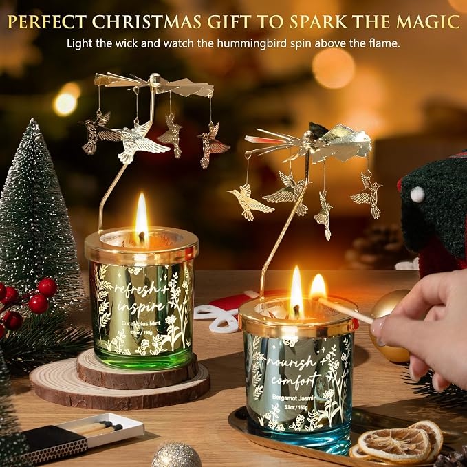 Mothers Day Gifts for Women Mom Friend Sister, Unique Birthday Gifts for Women Girlfriend Wife Daughter, Christmas Candles Hummingbird Rotating Scented Candles Set for Woman w/Crochet Flower Bouquet