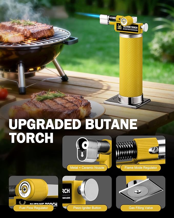 RAVS DUAL Flame Mode Butane Torch Lighter, Refillable Kitchen Torch, Metal Body Blow Torch for Baking with Adjustable Flame & Safety Buckle, Yellow Mini Torch Soldering Torch, Butane Gas Not Included