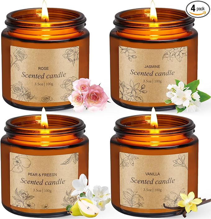 4 Packs Candles for Home Scented, Scented Candles Gifts for Women, Natural Soy Wax Amber Jar Candle, Long Lasting Aromatherapy Candle Gift Set for Birthday Valentine's Day Mother's Day