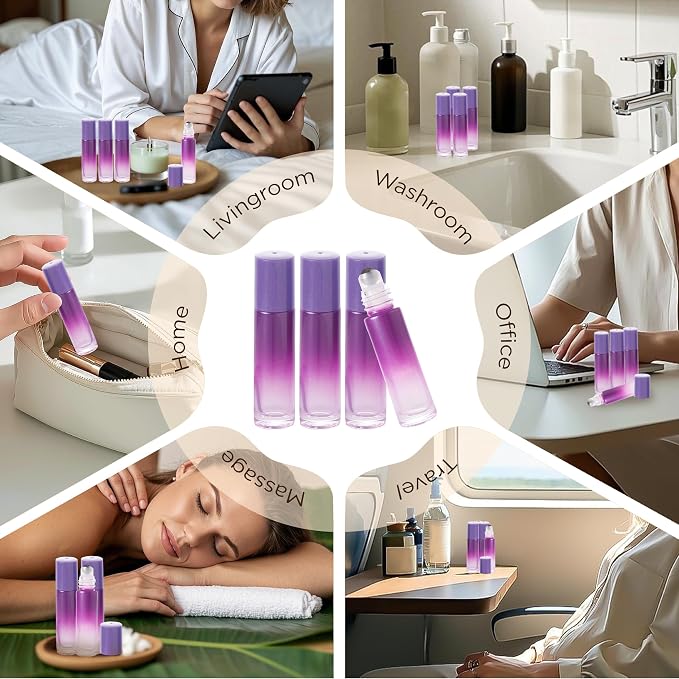 SESENSE Essential Oil Roller Bottles, 10ml Thick Glass Perfume Roller Bottles with Funnel Opener and Dropper Colored Glass Empty Bottles with Stainless Steel Roller Balls (Purple, 12 Pack)