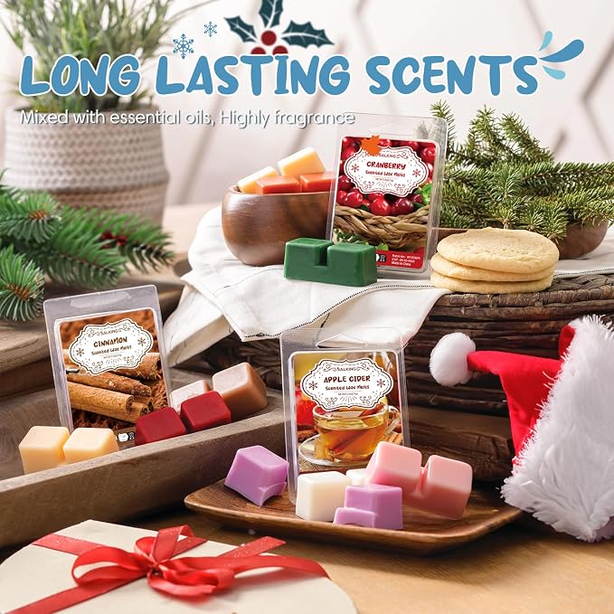 Winter Scented Wax Melts, Christmas Soy Wax Melts Gift Set, Wax Cubes/Tarts for Warmer - Christmas Wreath, Gingerbread, Sugar Cookie, Peppermint, Cinnamon, Cranberry, Apple Cider, Candy Cane, 8x2.6 oz