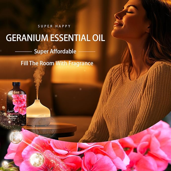 Geranium Essential Oil, Geranium Oil 4 Fl Oz 120ML for Diffuser Humidifier Yoga Cleaning DIY Candle Soap Making Perfume Gift for Women Essential Oils FRAOIL (Geranium 4 Fl Oz (Pack of 1))