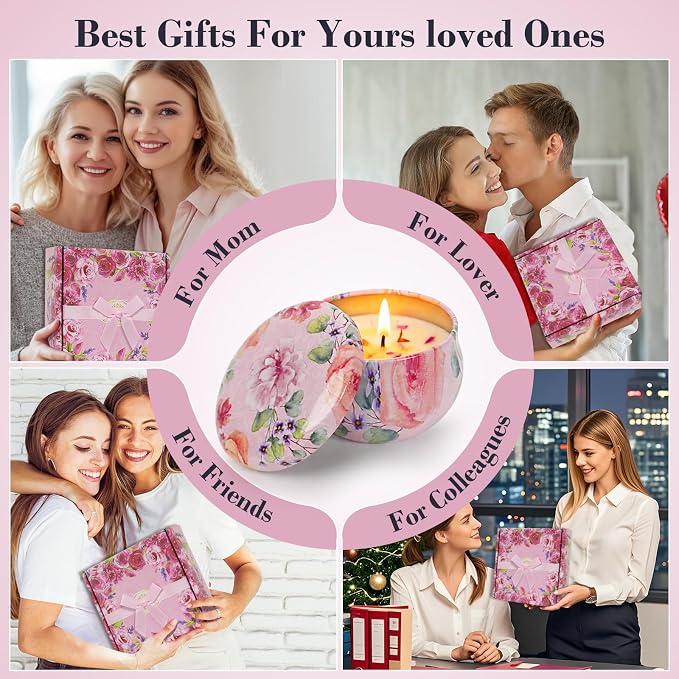 4 Pack Scented Candles for Women Gift- 8% Essential Oil Aromatherapy Candle Set, 50H Long Lasting Natural Soy Wax Candles, Travel Tin Gift Box for Stress Relief Spa Yoga Birthday Housewarming