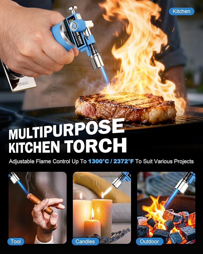 RAVS DUAL Flame Mode Butane Torch, Refillable Kitchen Torch Lighter for Creme Brulee, BBQ, DIY Soldering with Adjustable Flame & Safety Buckle, Metal Body, Blue Soldering Torch, Butane is Not Included