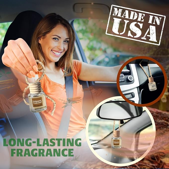 Car Air Freshener Diffuser, Mahogany Teakwood Aromatherapy, Natural Fragrance Oil, Long Lasting, by Bootleg Collection, Made in USA
