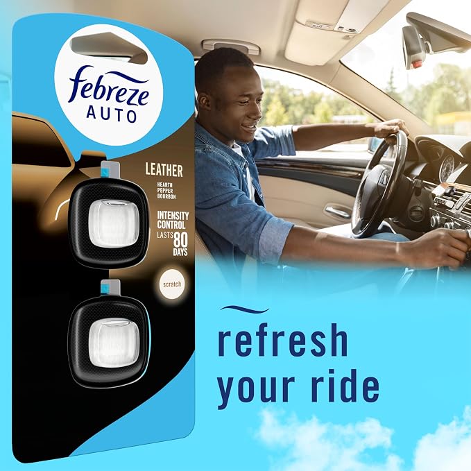 Febreze AUTO Air Freshener, Odor-Fighting Automotive Vent Clip, Scented Car Accessories, Long Lasting for Strong Odors, Leather, 2 Count