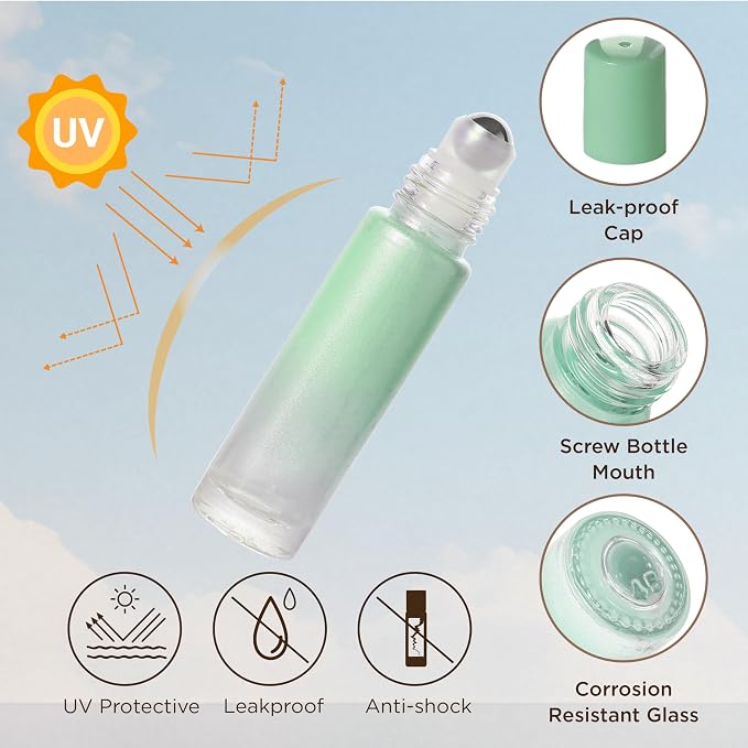 SESENSE Essential Oil Roller Bottles, 10ml Thick Glass Perfume Roller Bottles with Funnel Opener and Dropper Colored Glass Empty Bottles with Stainless Steel Roller Balls (Green, 12 Pack)