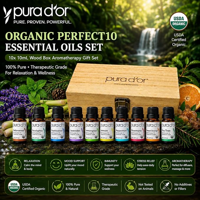 PURA D'OR Organic Perfect10 Essential Oils Set - 10x 10mL Wood Box Aromatherapy Gift Set - 100% Pure Therapeutic Grade for Relaxation and Wellness (Lavender, Peppermint, Eucalyptus, Tea Tree & More)