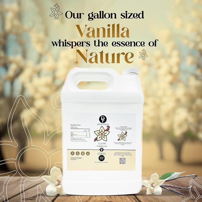 Dolce Flav Natural Water-Soluble Flavor Extracts – Sugar-Free, Kosher, Allergen-Free Concentrated Flavorings for Baking, Desserts, Beverages & More, Clear Double Strength Imitation Vanilla Extract, 1 Gallon