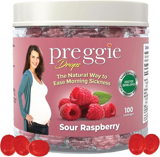 Three Lollies Preggie Drops Plus Pregnancy Nausea Relief Drops with Vitamin B6 and Essential Oils, Morning Sickness and Queasy Stomach Support for Pregnant Women, Sour Raspberry, 100 Count