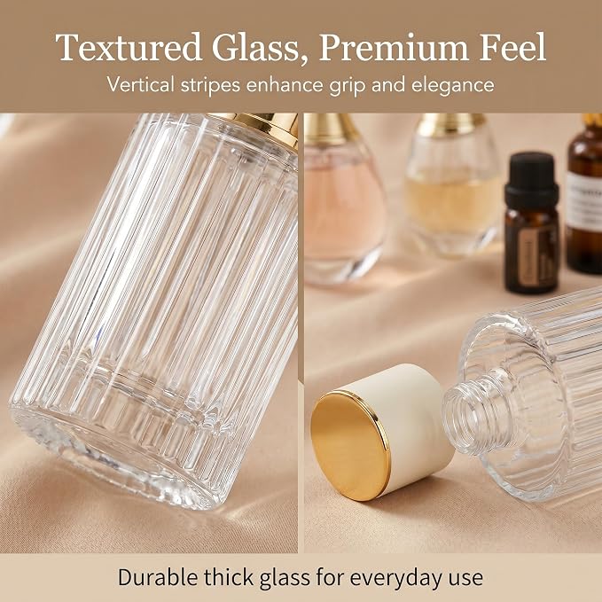 YU FENG 2 Pack Refillable Glass Spray Perfume Bottles, 100ML Clear Fine Mist Atomizer with Gold Rim & Cream Cap, Empty Portable Glass Essential Oil Spray Bottles for Travel, Home, DIY Fragrance