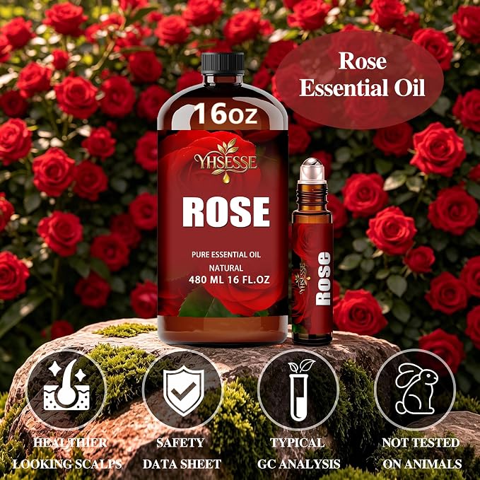 Rose Essential Oil, Rose Oil 16 Fl Oz 480ml for Diffuser Yoga Soap & Candle Making – with 0.33 Oz Roller Ball & Funnel YHSESSE Essential Oils