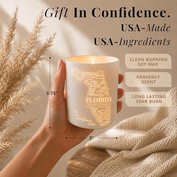 Florida Gifts - Glow-Through Engraved Candle - w/Tropical Fruits & Sugared Citrus Soy Candle I Florida Decor for Home I Florida Souvenirs I Florida State Gifts I 9oz Jar, 50Hr Burn, USA Made