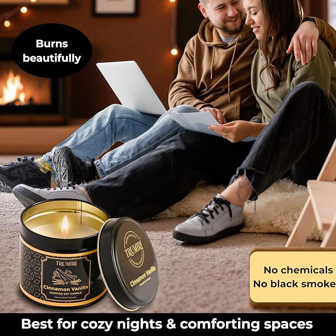 Vanilla Candle with Cinnamon Strong Scented Soy Candel Natural Non Toxic Velas Aromáticas for Women Gift for Fall Christmas Holidays Pack of 1 5Oz Decorartive Travel Tin