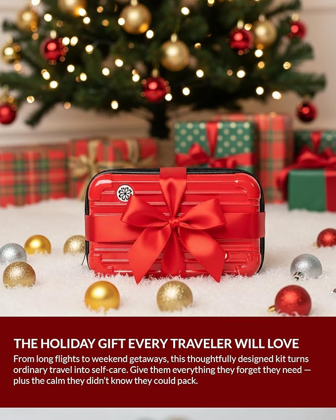 Essence Travel Amenity Kit | Travel Essentials & Travel Size Toiletries Kit | 5-Pack Nasal Diffuser Rings, Sleep Mask, Lotion & Hygiene Kit | Travel Toiletry Kit for Women | Red Case