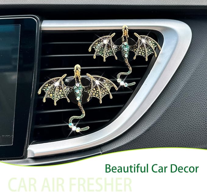 ORIESSE Dragon Car Accessories 2pcs Bling Dragon Car Air Freshener Vent Clips Cute Alloy Dark Green Enamel Wyvern Vent Clip Decorations Refillable Essential Oil Diffuser