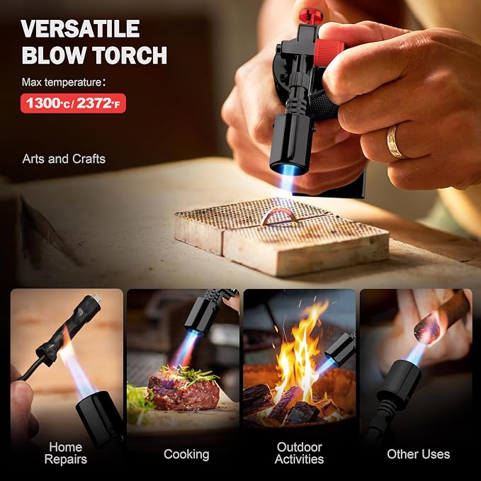 RAVS Butane torch, Kitchen Torch Lighter with Adjustable Flame & Safety Buckle, Creme Brulee Torch for Cooking, Dessert, Baking, Gifts for Men and Women (Black/Red), Butane Gas Not Included