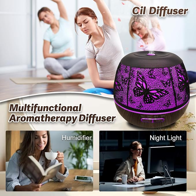 Roonbo Diffusers for Essential Oils Large Room 400ml,Essential Oil Diffuser for Home with R/C,Cool Mist Humidifiers for Bedroom,7 Colors Changed & 3 Mist Mode Waterless Auto Off for Decor Butterfly
