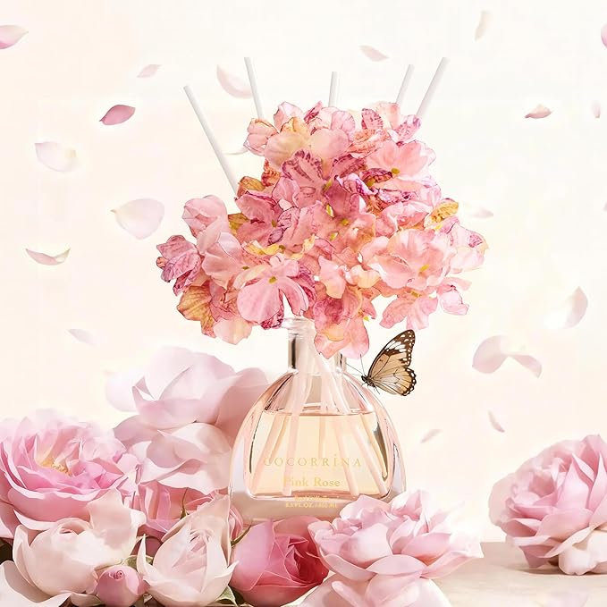 COCORRÍNA Reed Diffuser - Pink Rose 8.5 Fl.oz Reed Diffuser with 8 Sticks for Home Bathroom Shelf Decor (Simple Luxe Collection)