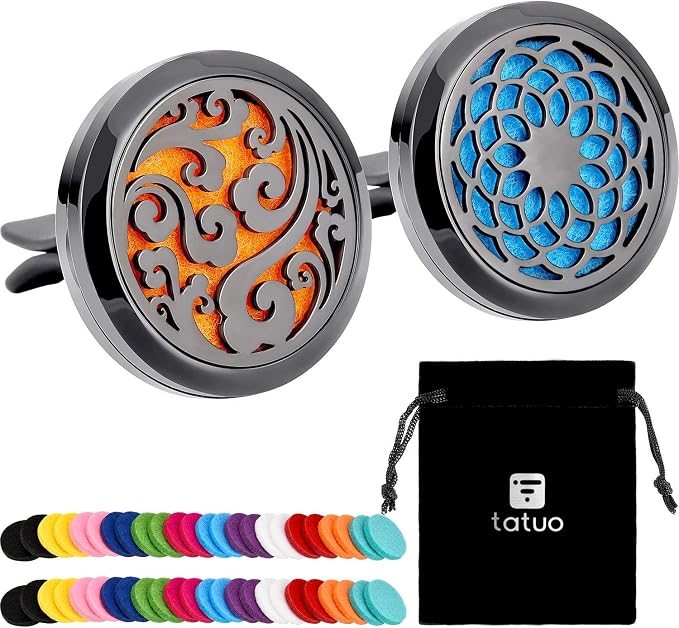 Tatuo 2 Pieces 316l Car Aromatherapy Essential Oil Diffuser Air Freshener Vent Clip with 48 Felt Pad Gift for Women Men Birthday Mother's Day(Cloud, Sunflower Patterns)