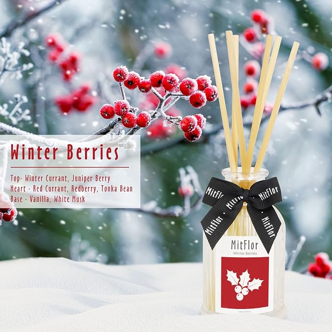 Reed Diffuser, MitFlor Winter Berries Fragrance Diffuser Set with Natural Rattan Sticks, Holiday Scent Oil Diffuser for Bedroom, Bathroom and Home Décor, 3.4 fl oz