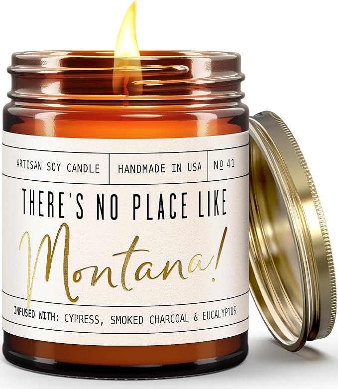 Montana Gifts, Montana Decor for Home - 'There's No Place Like Montana Candle, w/Cypress, Eucalyptus & Smoke I Montana Souvenirs I Montana State Gifts I 9oz Jar, 50Hr Burn, USA Made