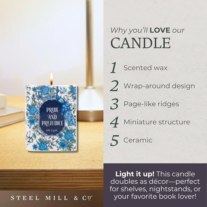 Steel Mill & Co Novelty Shaped Book Theme Scented Candle, 5 oz Candle with Sweet Citrus Notes of Bergamot and Moss, Unique Gift for Book Lovers (Pride and Prejudice)