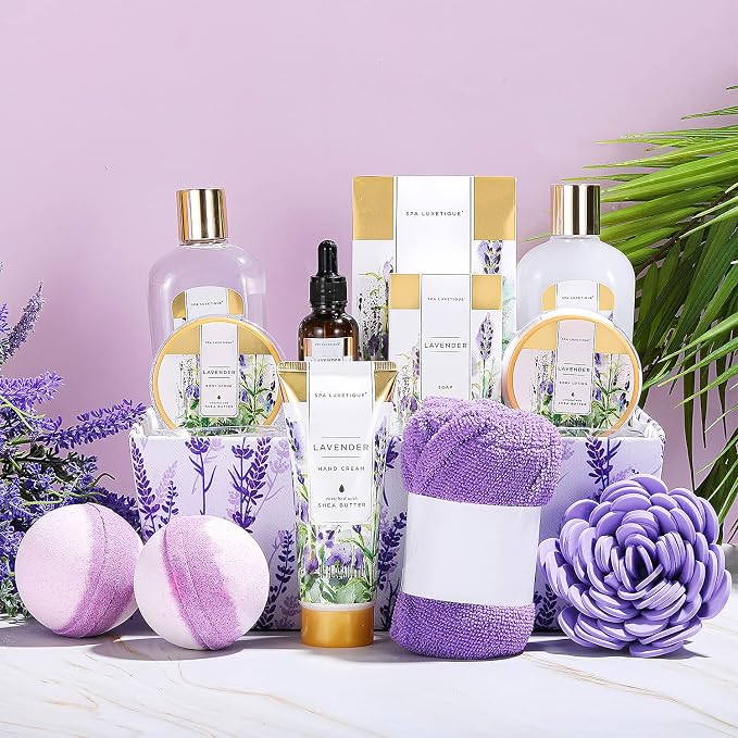 Spa Luxetique Spa Gift Baskets for Women 12 Pcs Lavender Spa Set with Body Lotions, Lavender Massage Oil, Birthday Christmas Gifts for Her