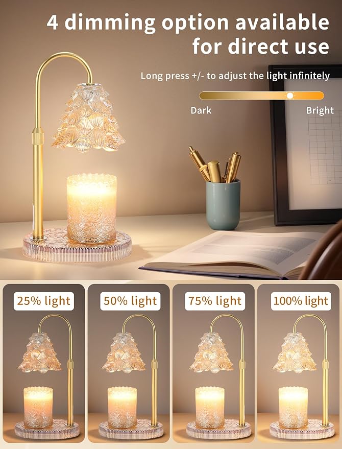 Candle Warmer Lamp with Timer & Dimmer, Crown Glass Lamp Candle Warmer for Jar Candles, 2 Bulbs, Height Adjustable Electric Wax Warmer for Elegant Home Decor (Golden Glow Tree)