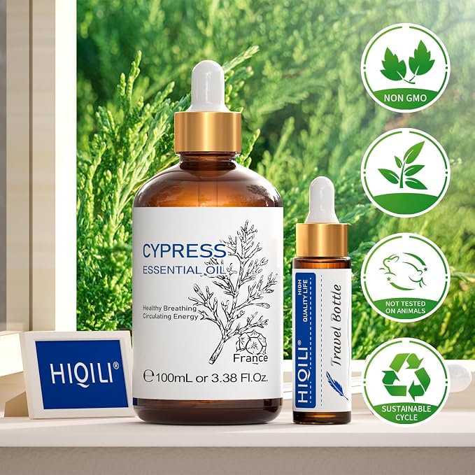 HIQILI 100ML Cypress Essential Oil for Diffuser, Skin Care, Includes 10ML Travel Bottle - 3.38 Fl Oz