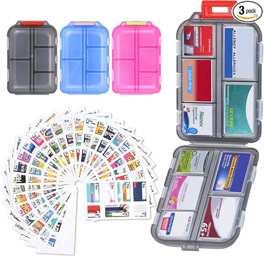 Large Travel Pill Organizer, 10 Compartments Small Portable Pill Case with 189 Medicine Labels, Compact Medicine Storage Box for Purse, Pocket, Airplane, Travel, Nurse Daily Use 3 Pack