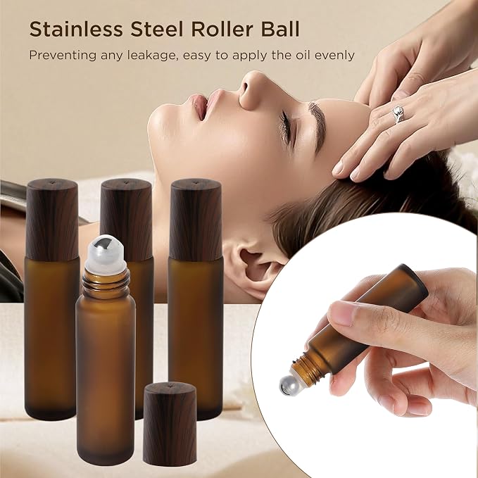 SESENSE Essential Oil Roller Bottles, 10ml Thick Glass Perfume Roller Bottles with Funnel Opener and Dropper Amber Glass Empty Bottles with Stainless Steel Roller Balls (Amber, 12 Pack)