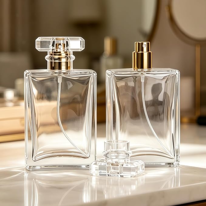 2 Pcs Clear Glass Perfume Atomizer,100ml Empty Refillable Perfume Spray Bottle for Men and Women,Portable Fragrance Fine Mist Spray Bottle Dispenser for Travel (Gold)