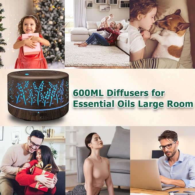 Diffusers for Essential Oils Large Room,600ml Essential Oil Diffusers for Home,Waterless Auto Off 7 Colors Changed 3 Mist Modes,Cool Mist Humidifiers for House Bedroom Decor,Gifts,Dark Wood