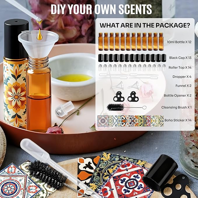 Roller Bottles for Essential Oils Roll On Bottles 12 Pack, 10ml Amber Rollerball Bottle Thick Glass Empty with Oil Perfume DIY Kits Boho Stickers Leak-Proof Refillable for Travel, Gift