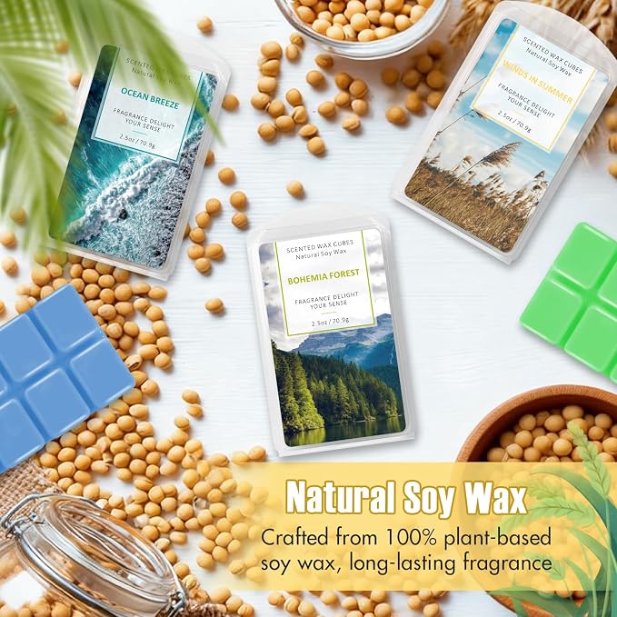 SCENTORINI Wax Melts Wax Cubes, Soy Wax Cubes for Wax Warmer, Ocean Breeze, Fresh Linen, Bohemia Forest, Winds in Summer, 4 x 2.5 oz