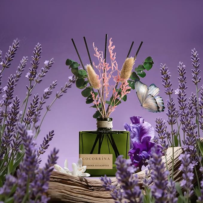 COCORRÍNA Reed Diffuser, 6.76 oz Lavender Eucalyptus Scent Reed Diffuser with 6 Sticks & Dried Flowers, Long Lasting Elegant Fragrance Home Décor for Bathroom Bedroom Office