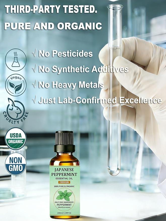 100% Pure Organic Japanese Peppermint Essential Oil, USDA Natural Food & Therapeutic Grade for Aromatherapy, Skin Hair Scalp Care, Massage - Can Diffusers, Home Cleaner, Relaxtion, Aid Mood - 100ml