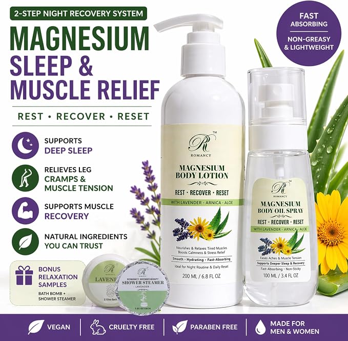 Magnesium Lotion & Magnesium Oil Spray for Sleep – Lavender Body Lotion & Magnesium Spray for Legs, Muscle Recovery & Relaxation – Fast Absorbing 2 Pack with Arnica