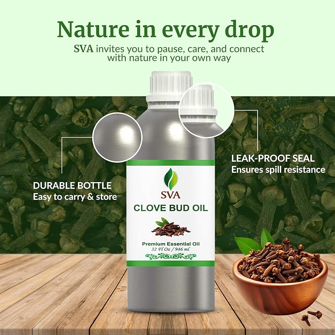 SVA Clove Bud Essential Oil – 32 Fl Oz – 100% Natural Clove Bud Oil - for Diffuser, Hair Care, Face, Skin Care, Aromatherapy, Scalp and Body Massage, Soap and Candle Making